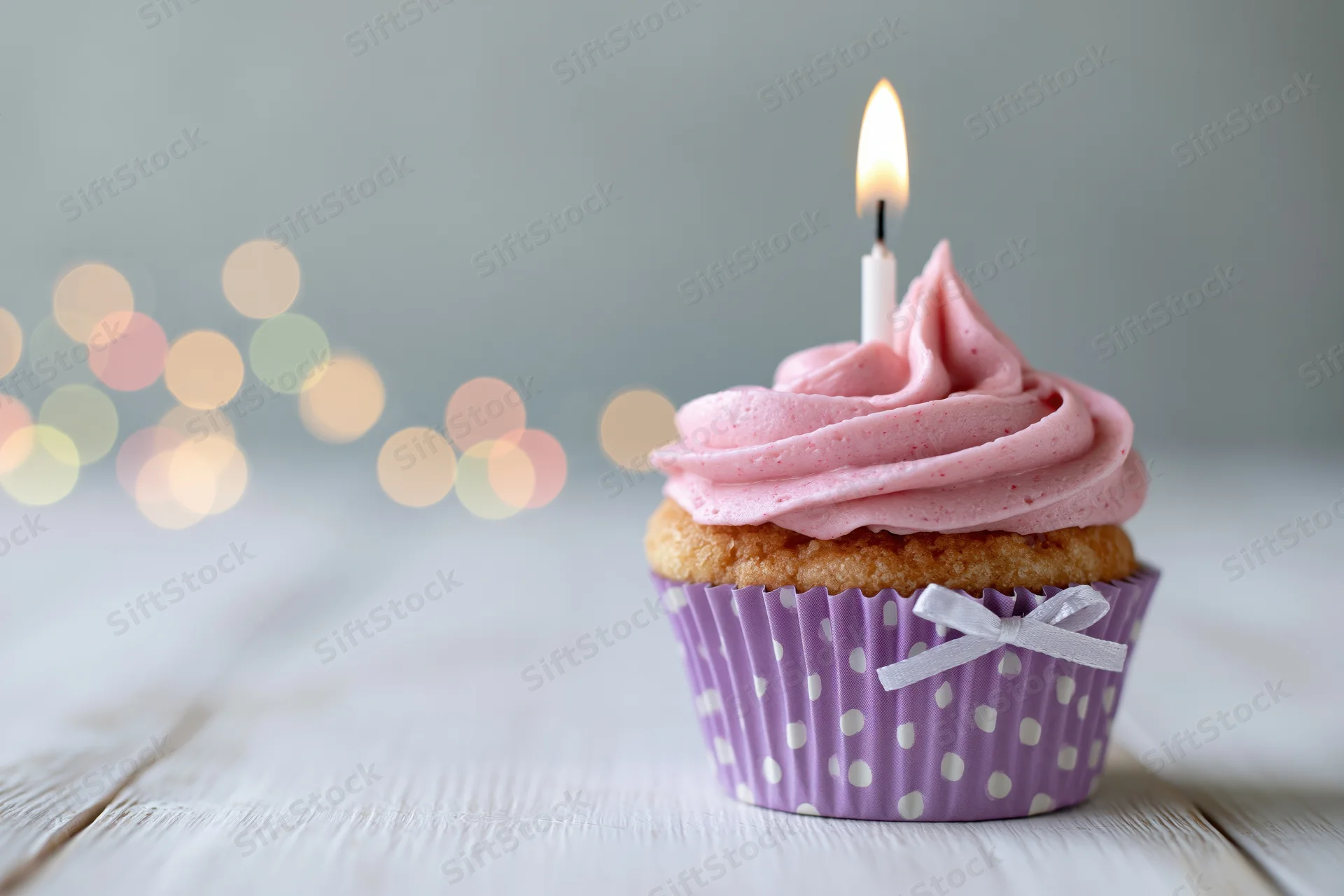 Single birthday cupcake with pink frosting and lit candle in purple polka dot wrapper on wooden surface