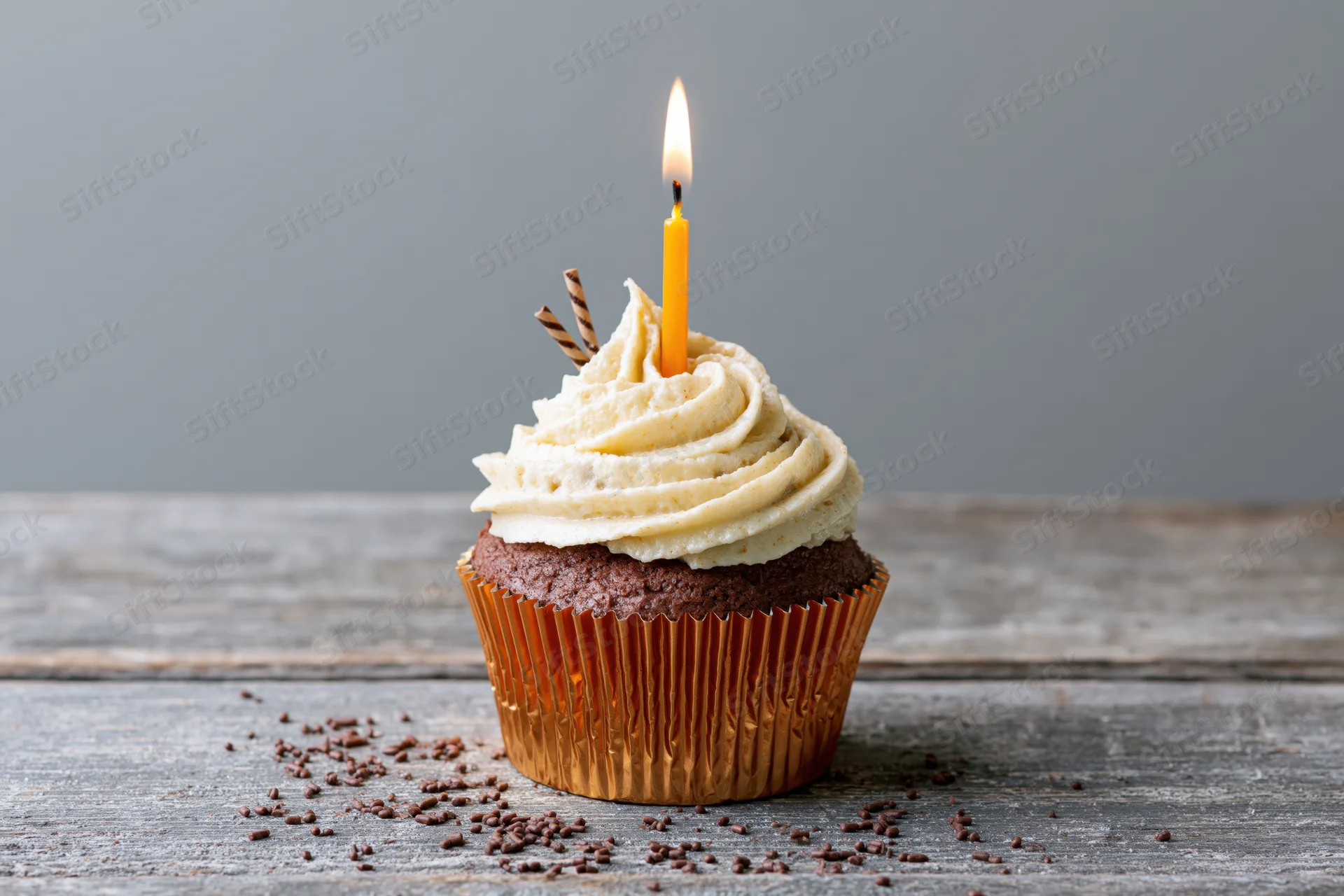 Chocolate cupcake with cream frosting and lit candle on wooden table