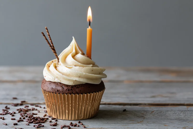 Chocolate cupcake with cream frosting and lit candle on wooden table
