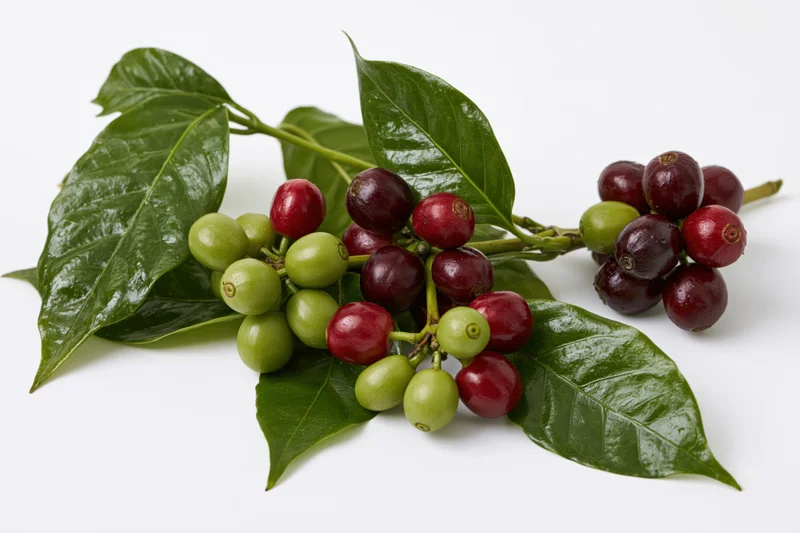 Coffee plant branch with green leaves and clusters of red and green coffee cherries on white background