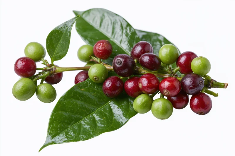 Coffee plant branch with green and red cherries and leaves on white background