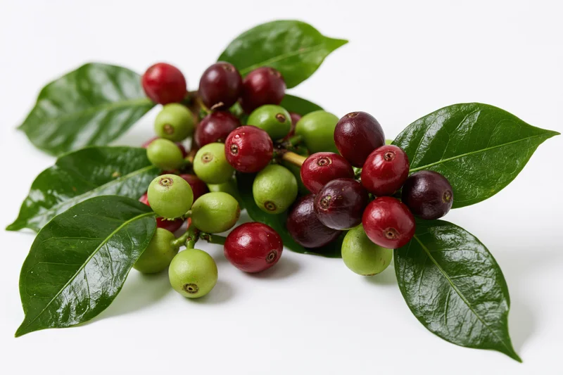 Coffee plant branch with green and red coffee cherries and leaves on white background
