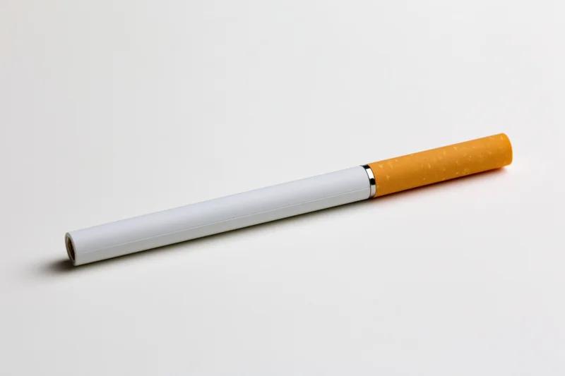 Electronic cigarette with white body and orange filter lying on white surface