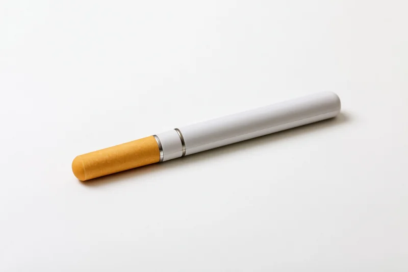 Electronic cigarette with white body and orange filter lying on white surface