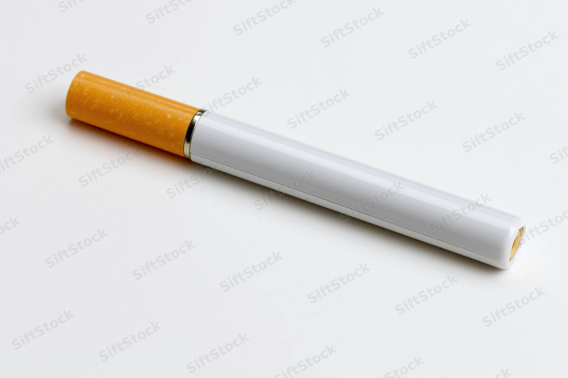 Electronic cigarette with white body and orange filter lying on white surface
