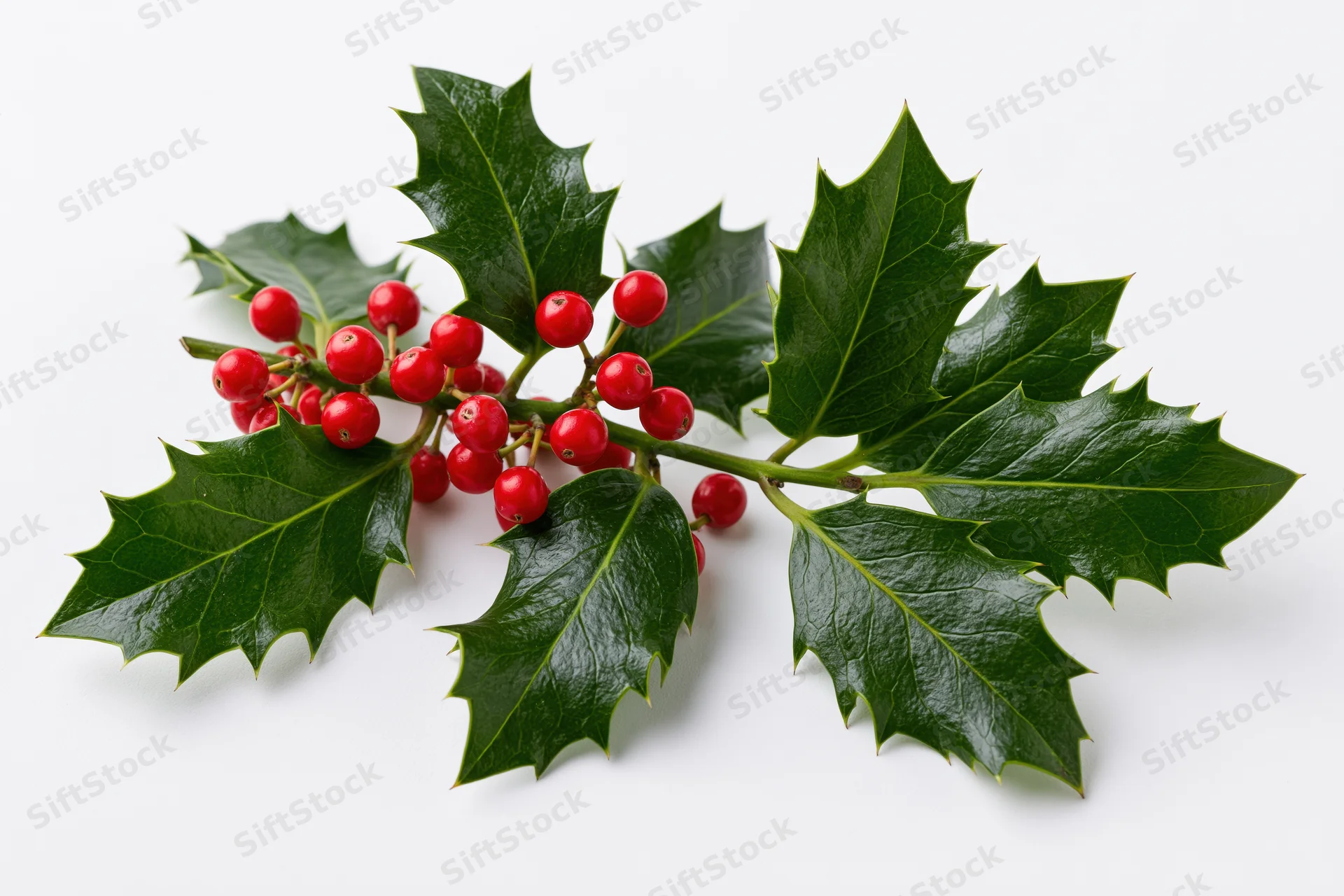 Holly branch with glossy dark green spiky leaves and red berries on white background