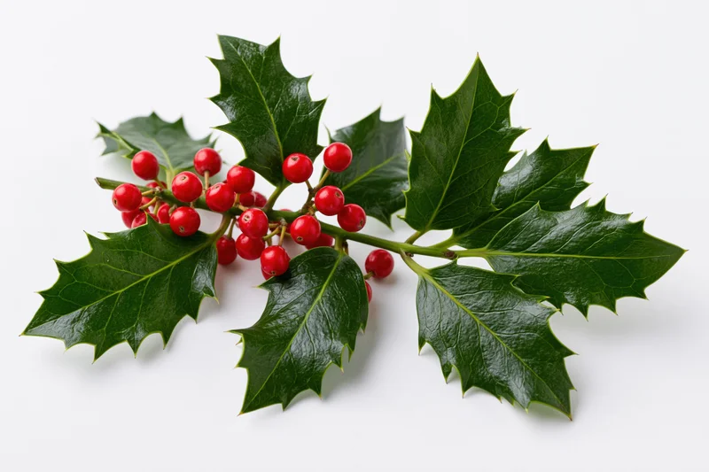 Holly branch with glossy dark green spiky leaves and red berries on white background