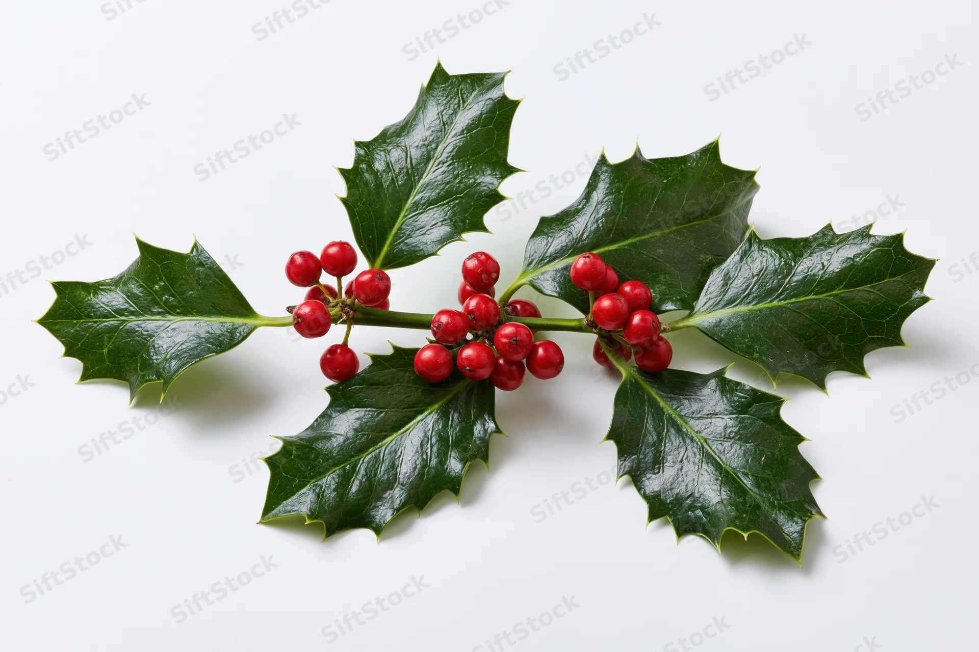 Holly branch with glossy dark green spiky leaves and red berries on white background