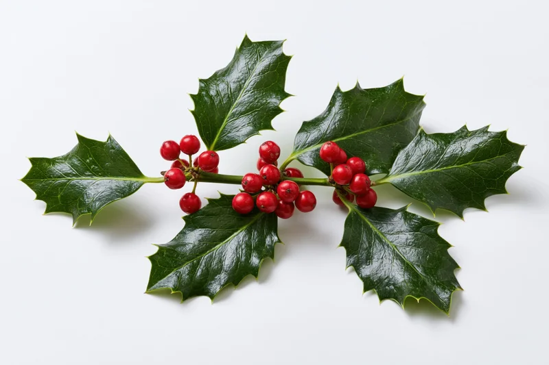 Holly branch with glossy dark green spiky leaves and red berries on white background