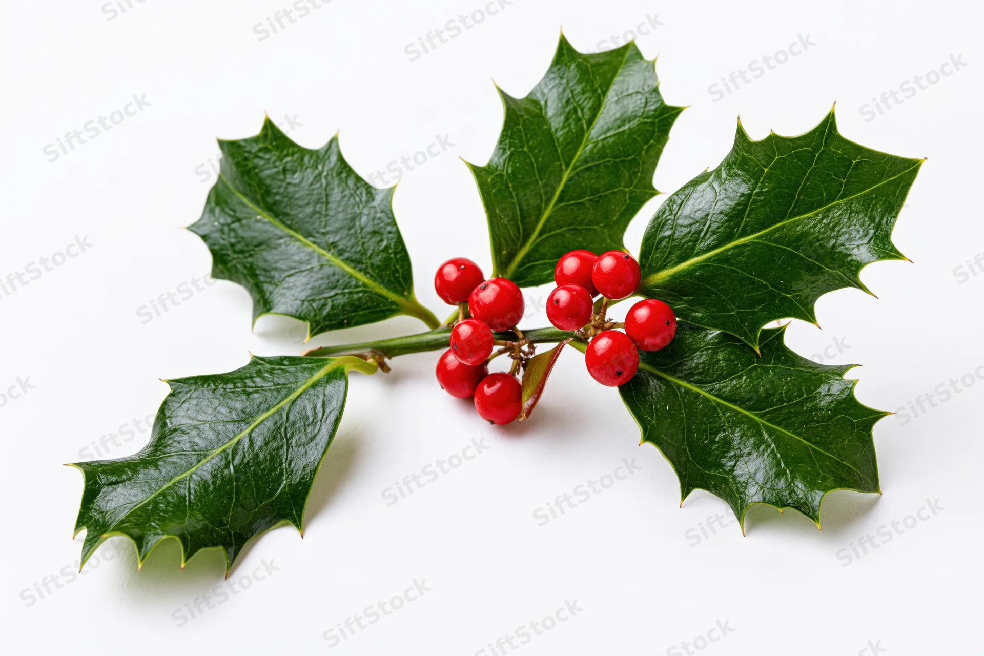 Holly branch with glossy green leaves and red berries on white background