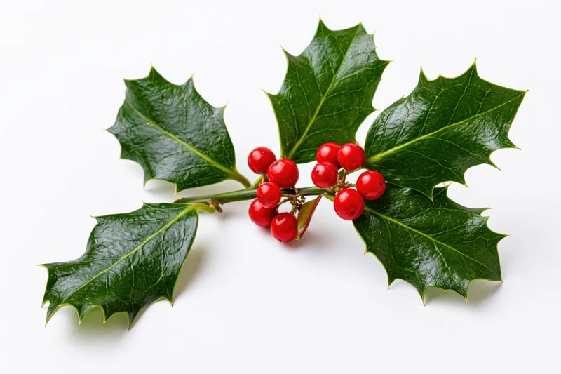 Holly branch with glossy green leaves and red berries on white background