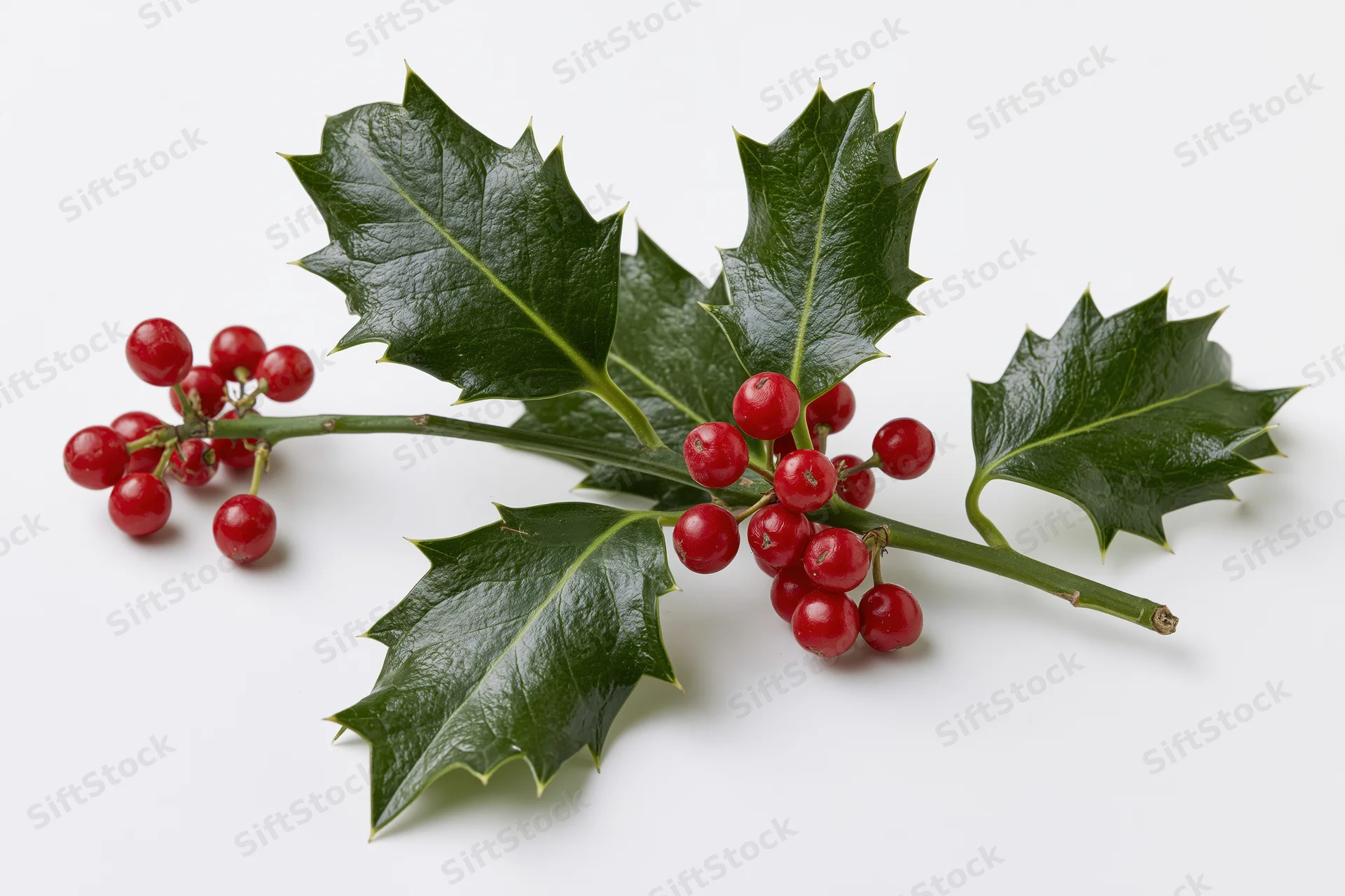 Holly branch with glossy dark green spiky leaves and red berries on white background
