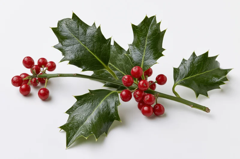 Holly branch with glossy dark green spiky leaves and red berries on white background