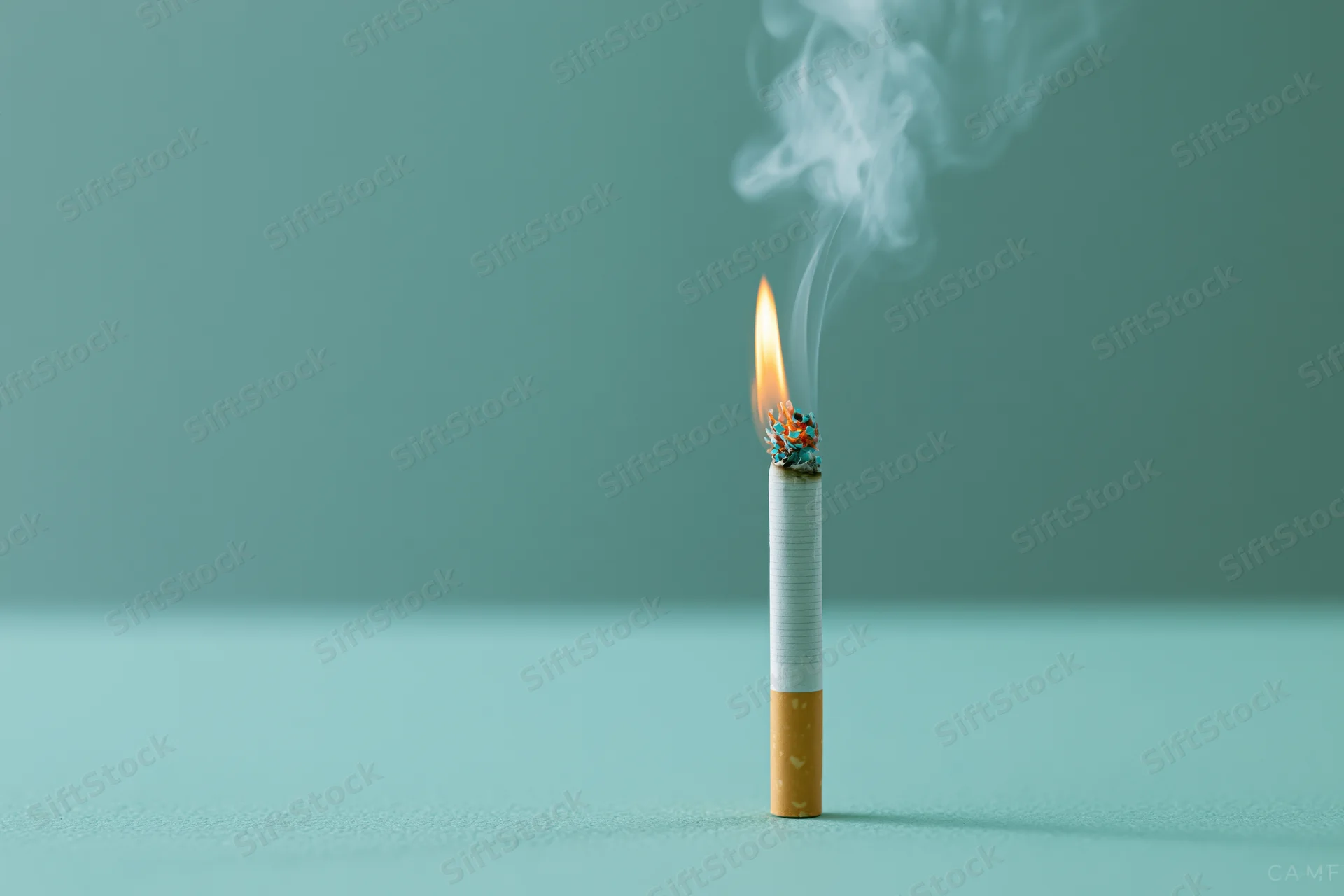 Lit cigarette burning upright on a flat teal surface with smoke rising