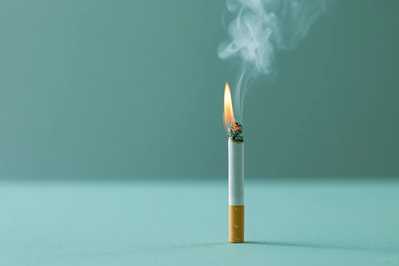 Lit cigarette burning upright on a flat teal surface with smoke rising
