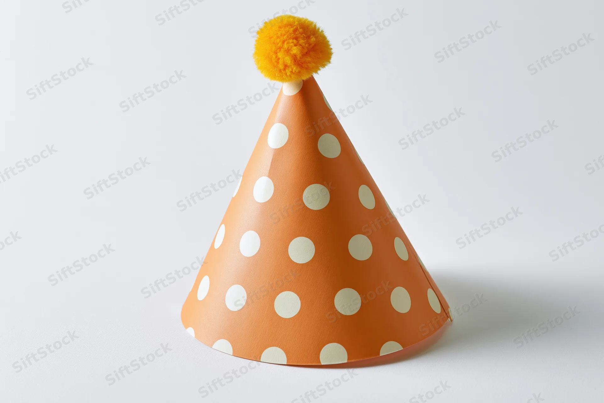 Orange paper party hat with white polka dots and yellow pompon on white surface