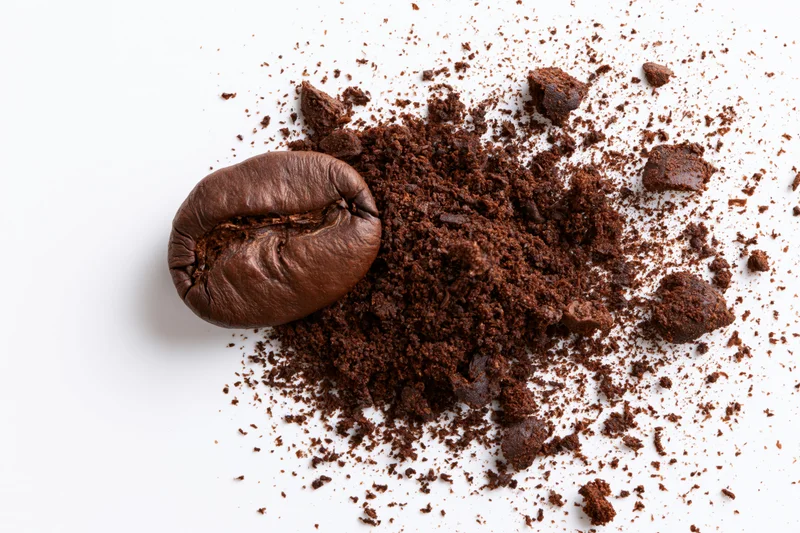Roasted coffee bean beside a pile of ground coffee on white background