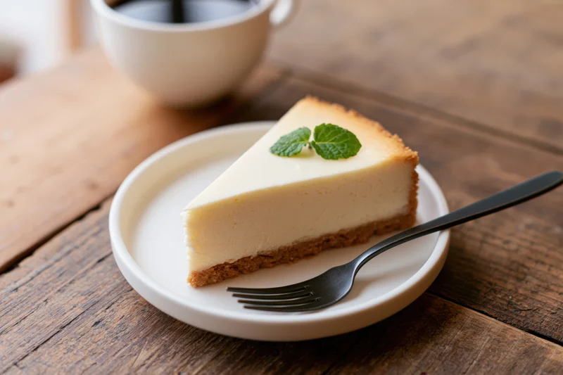 Slice of cheesecake with mint garnish on white plate with fork and coffee cup on wooden table