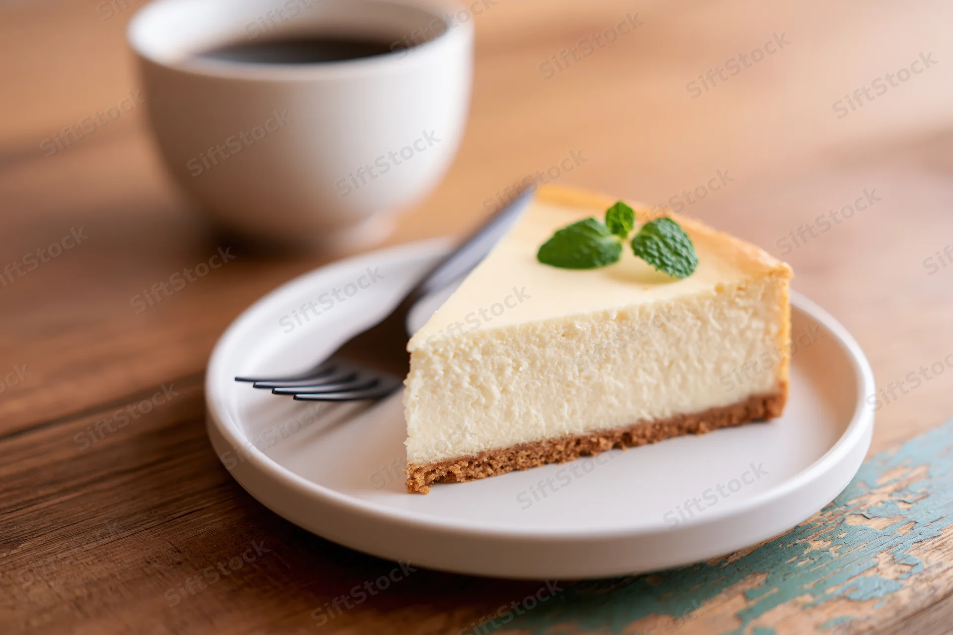 Slice of cheesecake on a white plate with mint garnish and coffee cup on wooden table