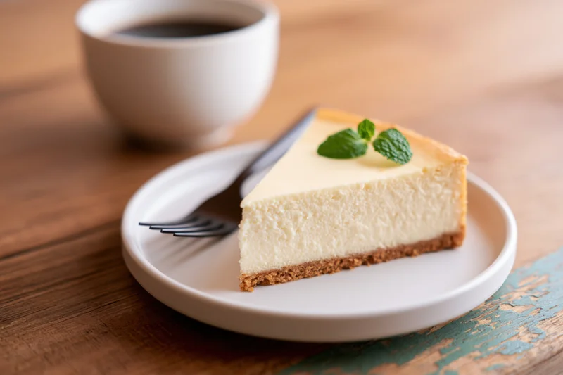 Slice of cheesecake on a white plate with mint garnish and coffee cup on wooden table