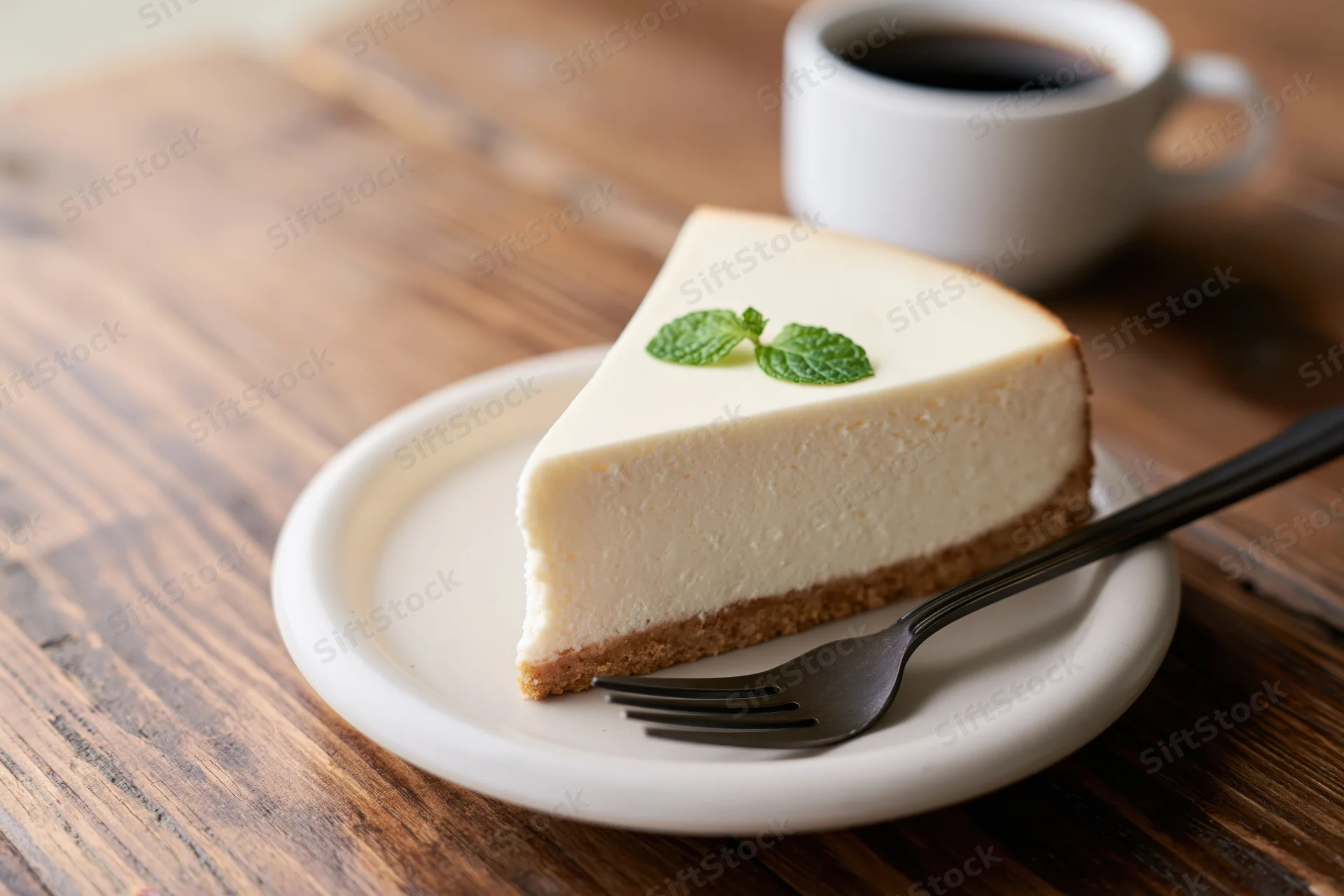 Slice of plain cheesecake with mint garnish on white plate with fork and coffee cup on wooden table