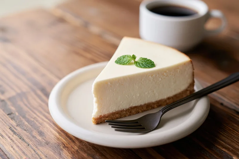 Slice of plain cheesecake with mint garnish on white plate with fork and coffee cup on wooden table