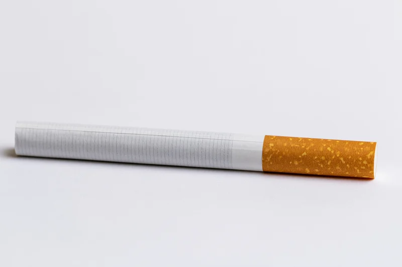 Unlit cigarette lying horizontally on white surface in closeup view