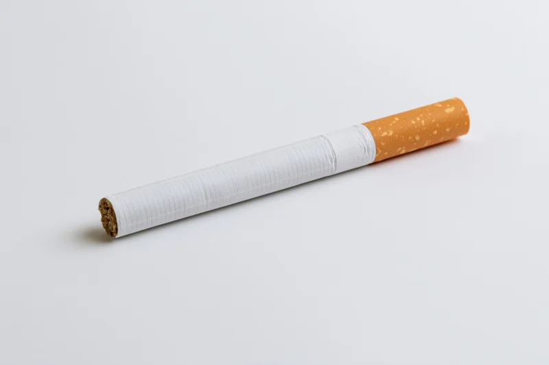 Unlit cigarette lying horizontally on plain white surface