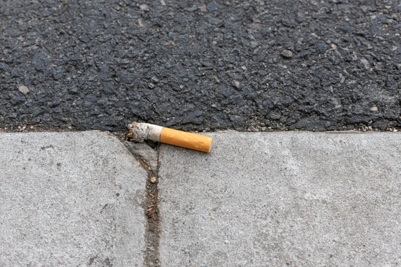 Used cigarette butt resting on the edge between asphalt and concrete curb