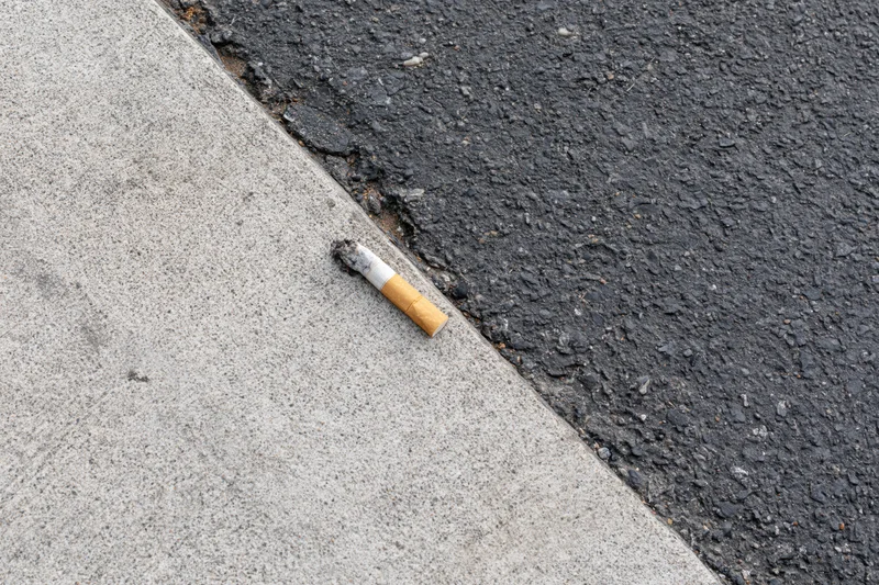 Cigarette butt lying on the boundary between pavement and asphalt street