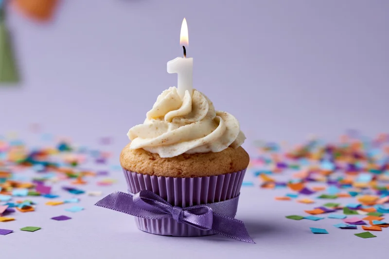 Vanilla cupcake with number one candle and purple ribbon on confetti-covered surface
