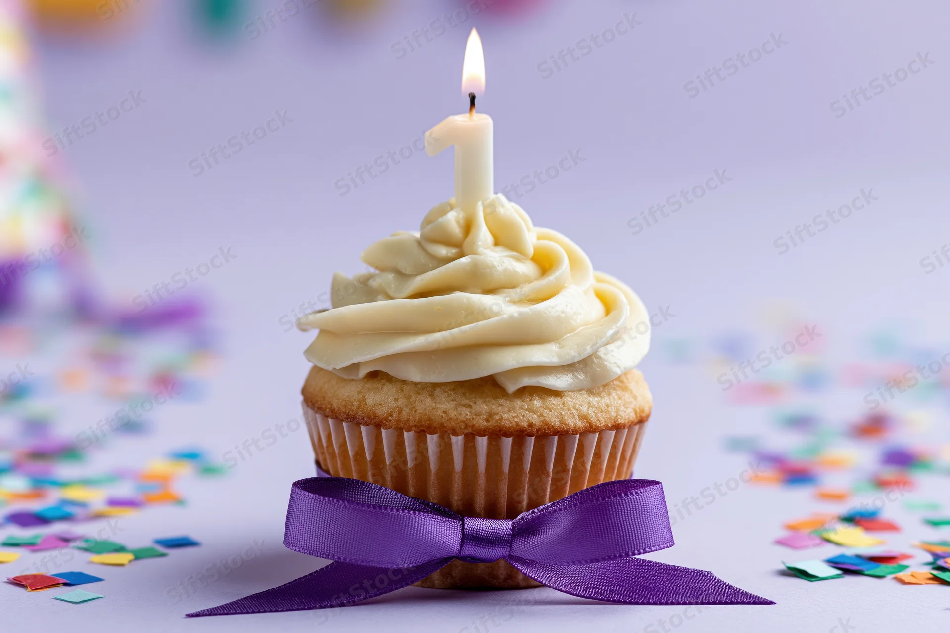 Vanilla cupcake with swirled frosting and number one candle, tied with purple ribbon, surrounded by confetti on a light surface
