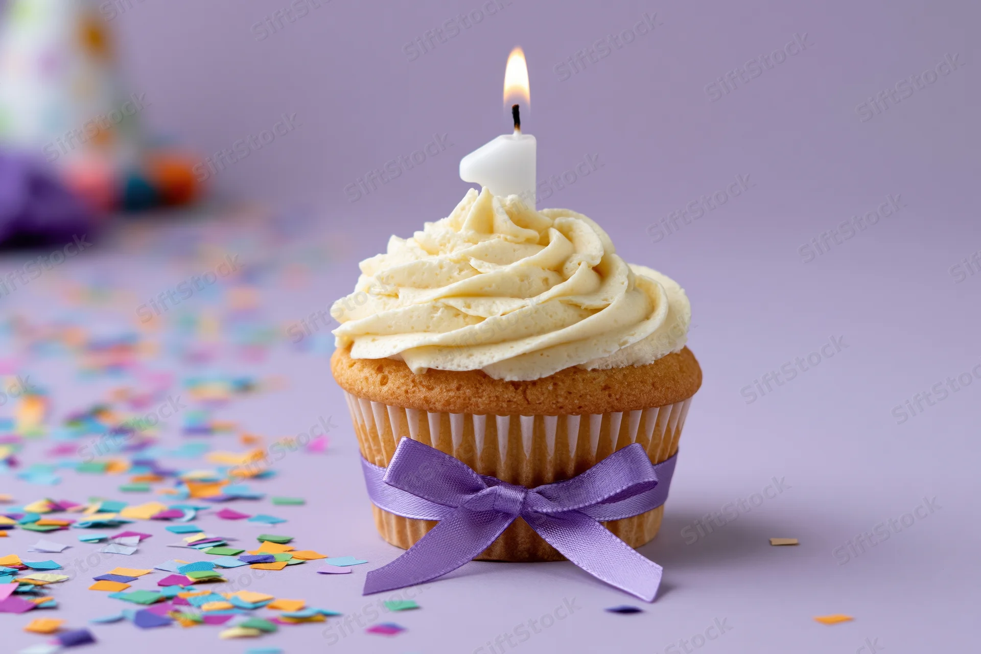 Vanilla cupcake with swirled frosting and lit candle on purple surface surrounded by confetti