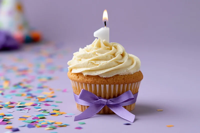 Vanilla cupcake with swirled frosting and lit candle on purple surface surrounded by confetti