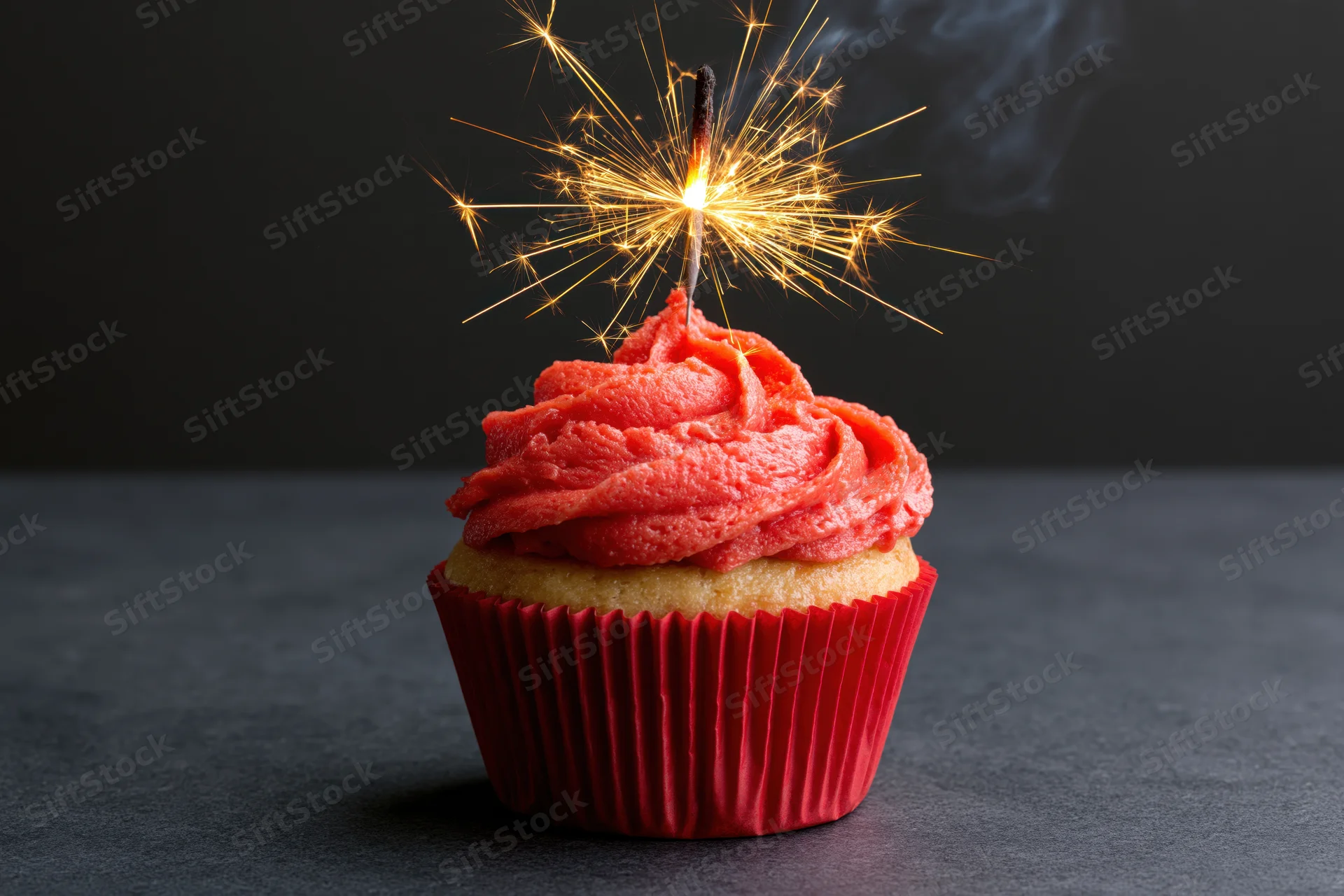 Single vanilla cupcake with red frosting and lit sparkler on dark surface