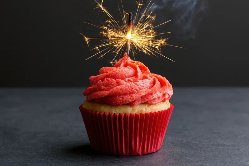 Single vanilla cupcake with red frosting and lit sparkler on dark surface