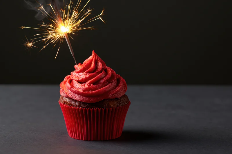 Red-frosted cupcake with sparkler on dark surface