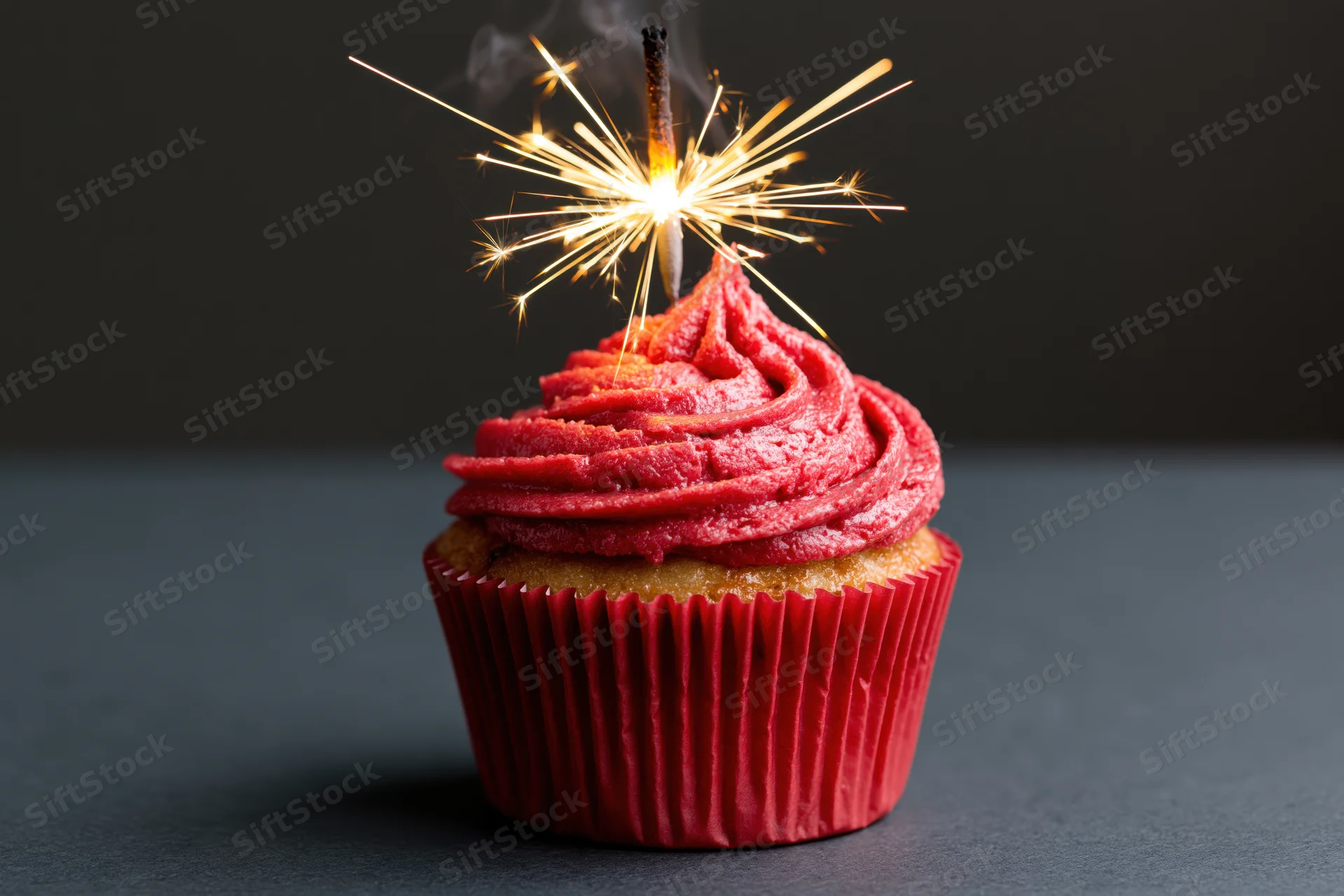 Single vanilla cupcake with swirled red frosting and lit sparkler on dark surface