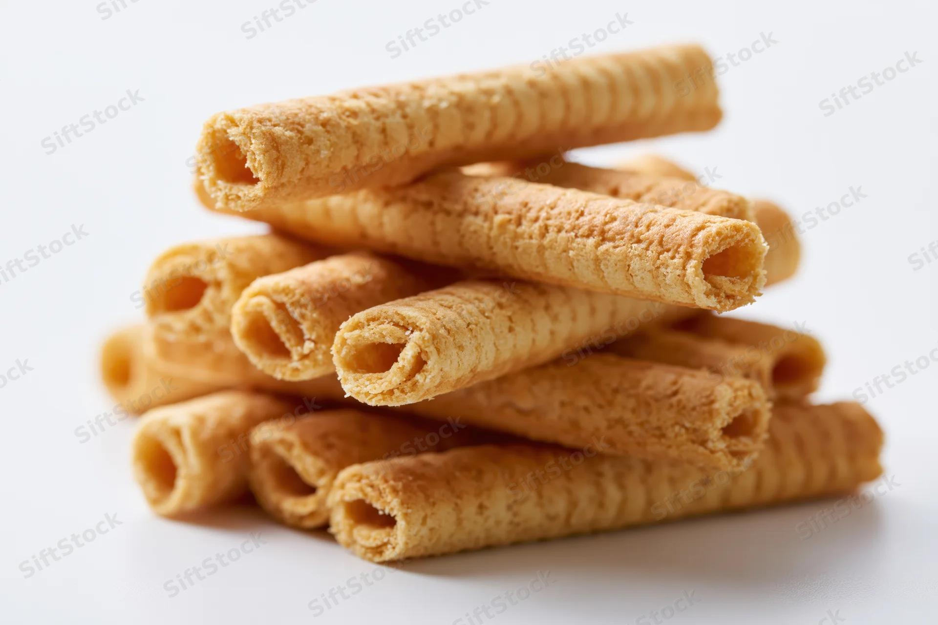Stack of crispy rolled wafer biscuits on white background