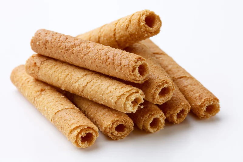 Stack of crispy rolled wafer biscuits on white background