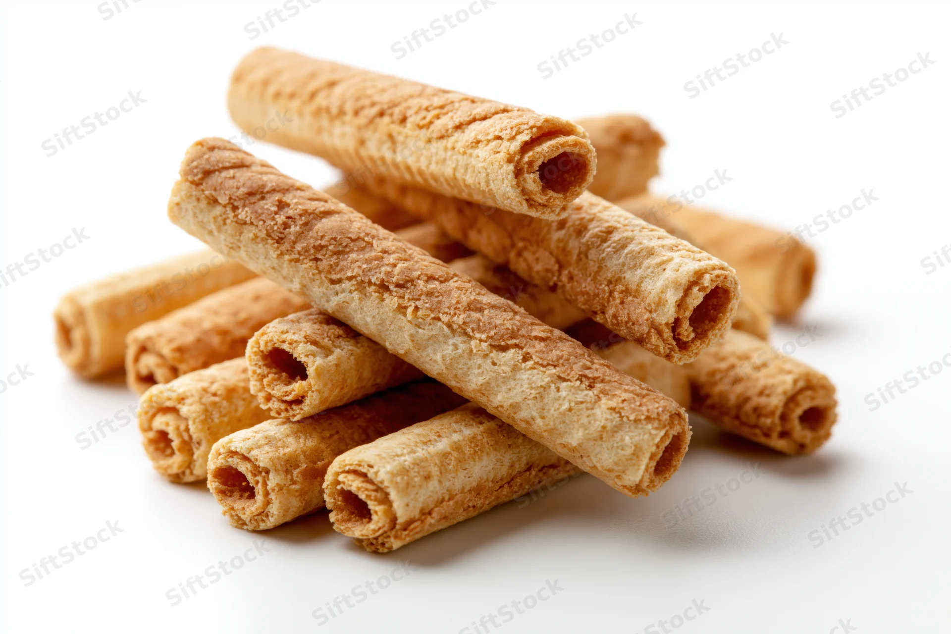 Pile of crispy rolled wafer biscuits stacked loosely on white background