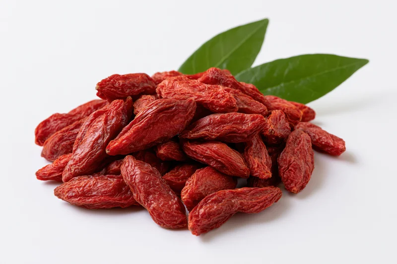 Pile of dried goji berries with two fresh green leaves on white background