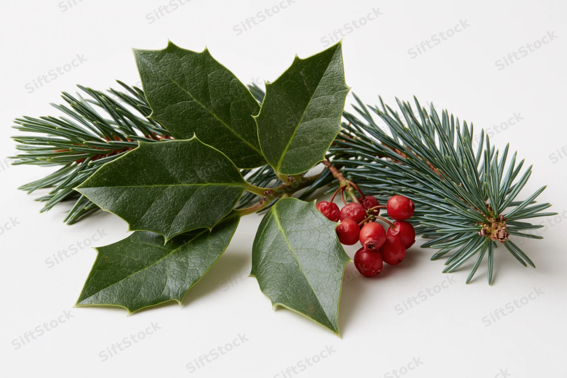 Holly sprig with red berries and pine branch arranged on white background