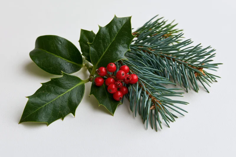Holly sprig with red berries and pine branch arranged on white surface