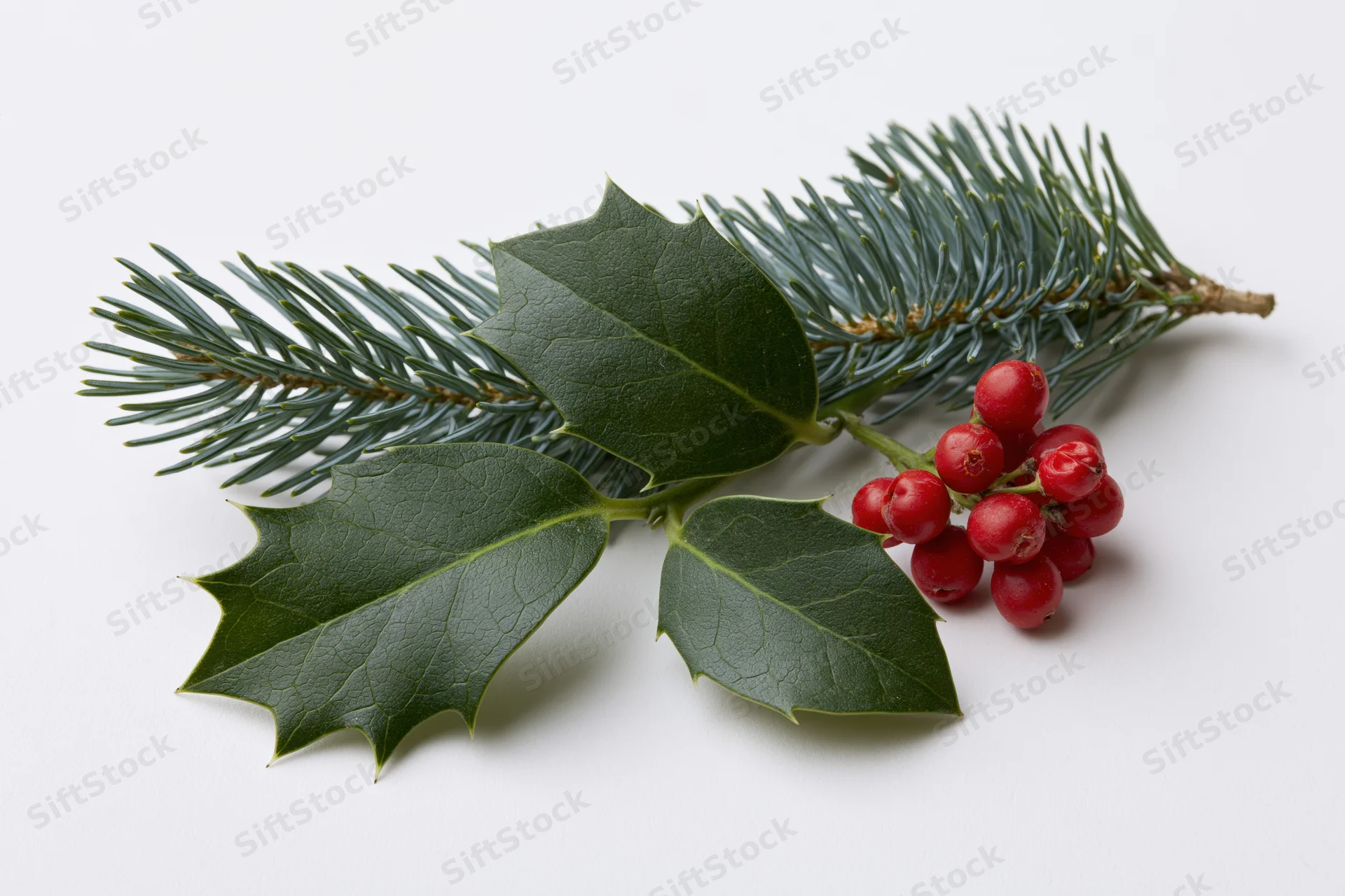 Holly sprig with red berries and pine branch arranged on white background