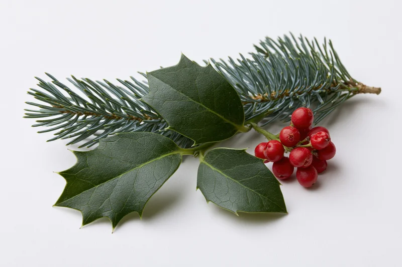 Holly sprig with red berries and pine branch arranged on white background