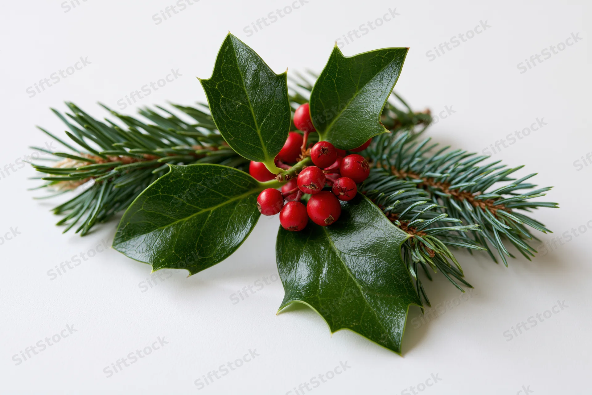 Holly sprig with red berries and pine branch arranged on white background