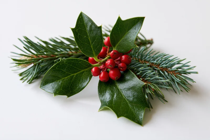 Holly sprig with red berries and pine branch arranged on white background