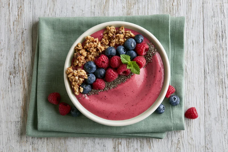 Smoothie bowl with pink berry puree topped with granola, raspberries, blueberries, chia seeds and mint on a green napkin over wooden surface