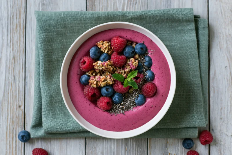 Smoothie bowl with pink berry puree topped with granola, blueberries, raspberries, and mint on a green napkin over wooden table
